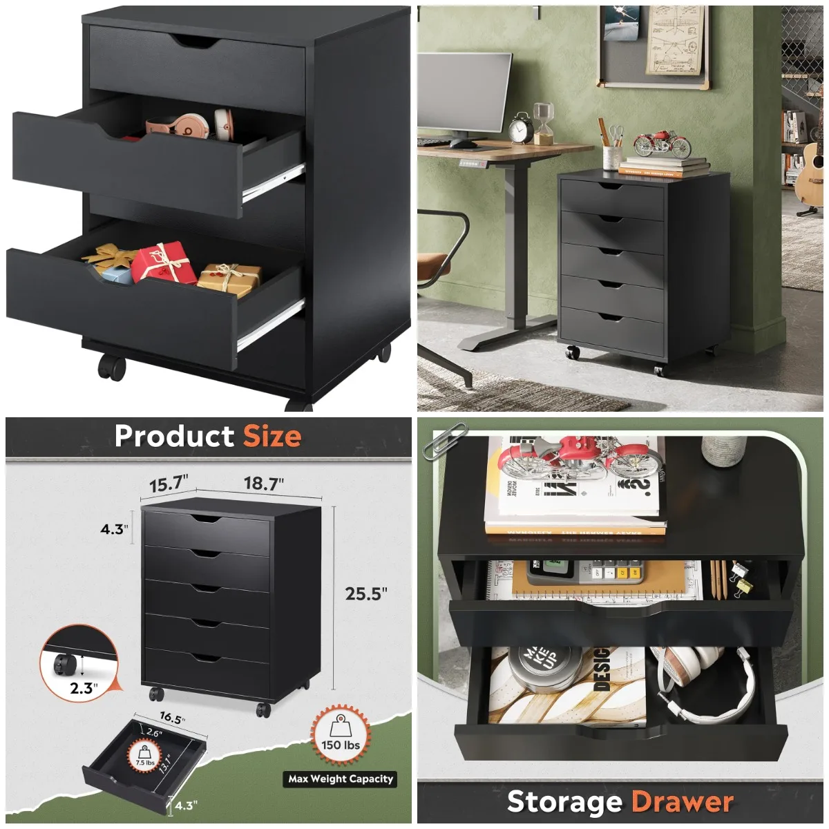 

Комод с 5 ящиками, деревянный комод для хранения документов на колесах, мобильный комод для домашнего офиса, черный