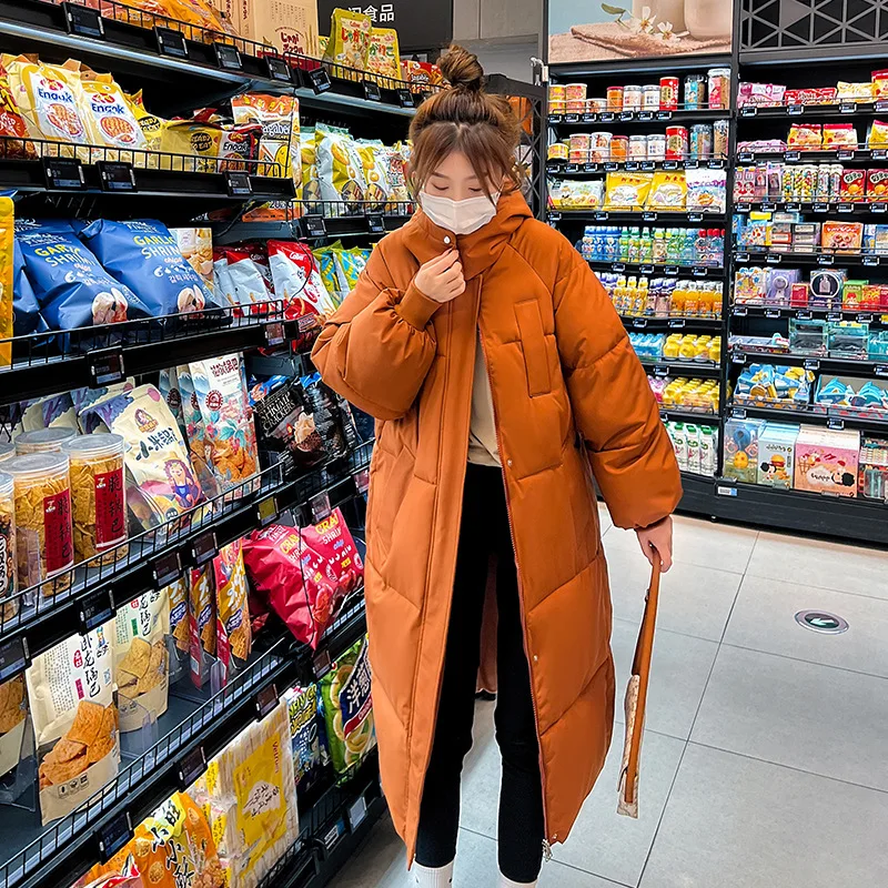 Herbst Winter frauen Lange Parka Mantel Koreanische Mit Kapuze Kaffee Baumwolle Gefütterte Jacke Stehkragen Lose Mode Temperament Outwear
