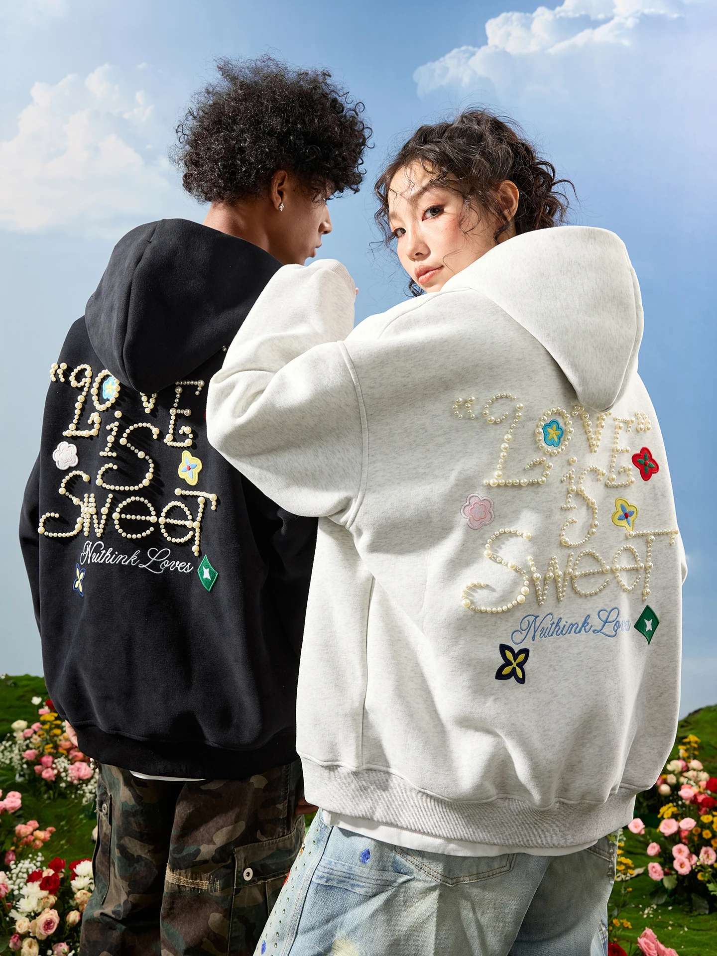 

Nuthink American Retro Pearl Floral Embroidery Zipper Hoodie Lettering ex New Sle Spring Cotton Blend Comfortable Sweat...