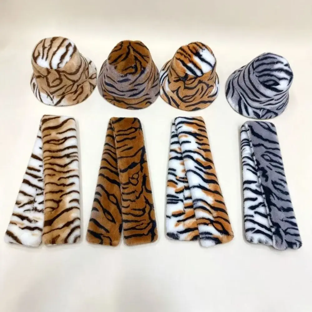 Thick Warm Faux Fur Hat Soft Fluffy Animal Print Mink Fur Bucket Cap Cozy Skin Friendly Washable Plush Neck Warmer