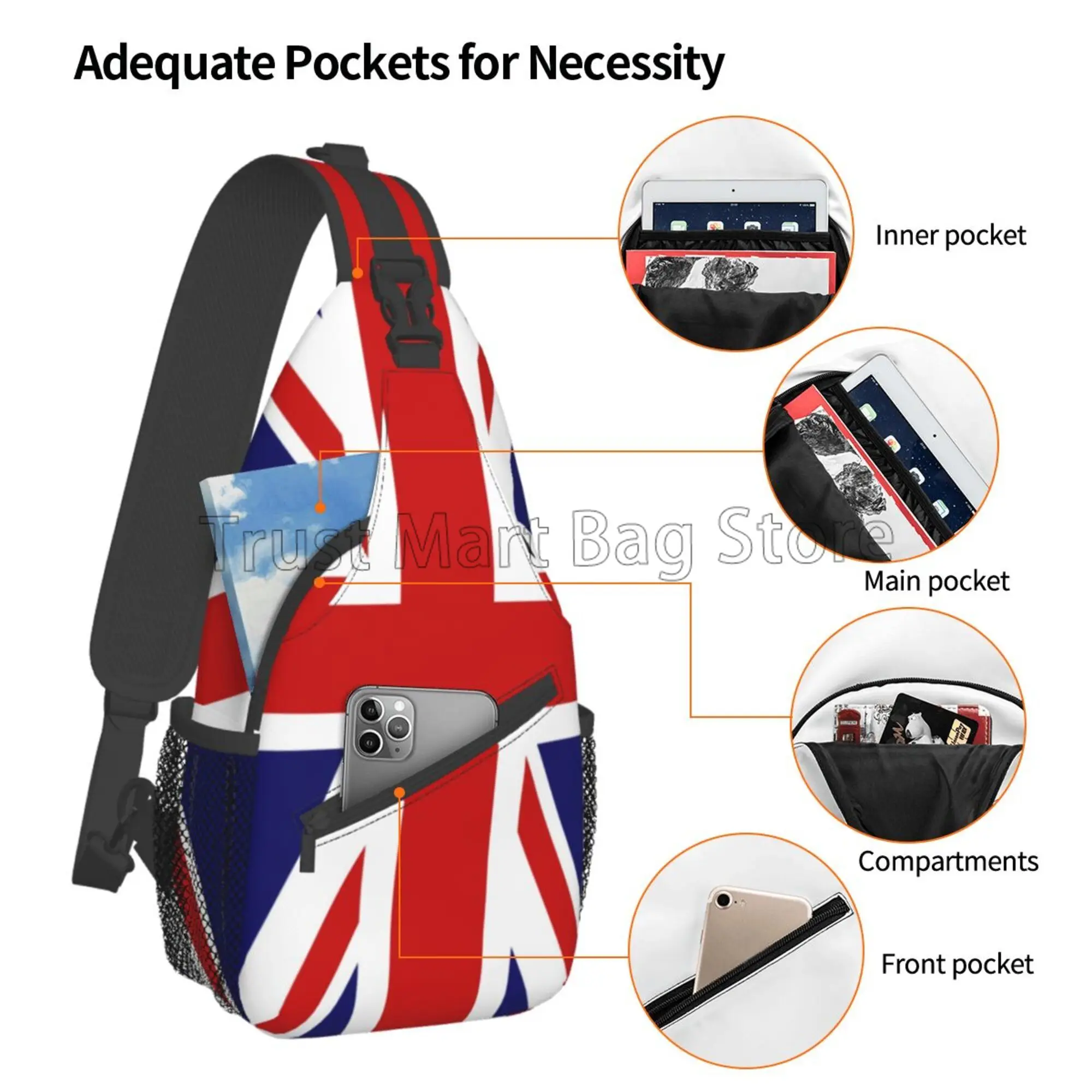 Mochila cruzada con estampado de bandera de Reino Unido para hombre y mujer, en el pecho bolso de hombro, mochila de viaje para senderismo, mochila de día