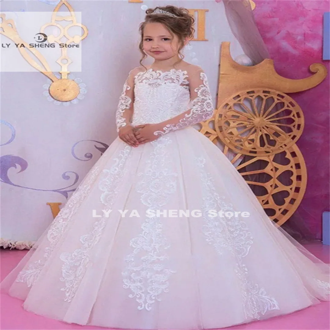 Vestidos de flores blancas para niña, apliques de encaje de manga larga para bodas, vestidos de fiesta de desfile de comunión de tul