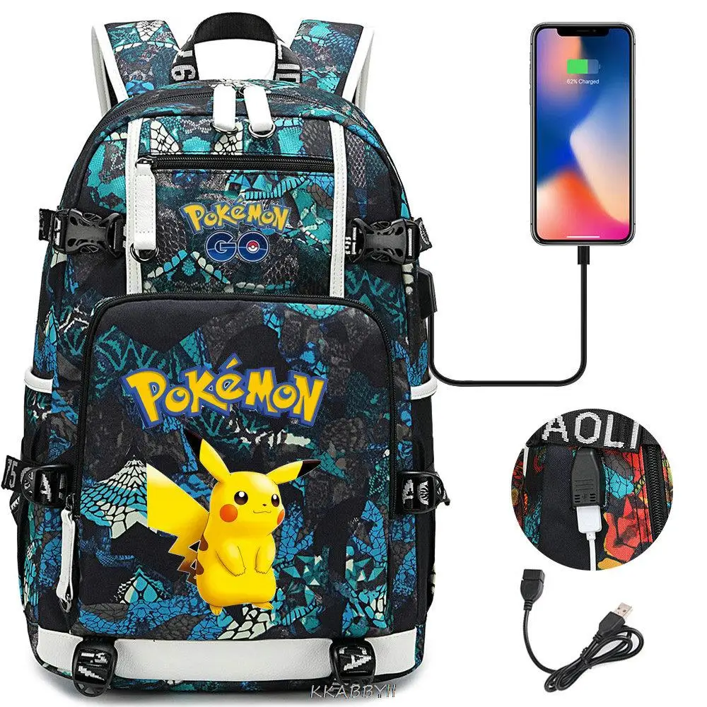 POKEMON Pikachu Backpack USB Charge Black Capacity School Bags For Teens Waterproof Big Travel Laptop Mochilas For Male Femal