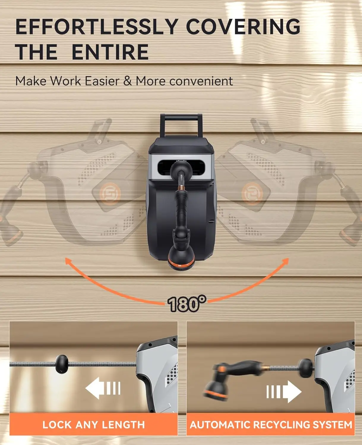 بكرة خرطوم حديقة قابلة للسحب - بكرة خرطوم مثبتة على الحائط مقاس 1/2 بوصة × 85 قدم مع تركيب نحاسي 3/4 بوصة وفوهة بخاخ 10 وظائف - #4