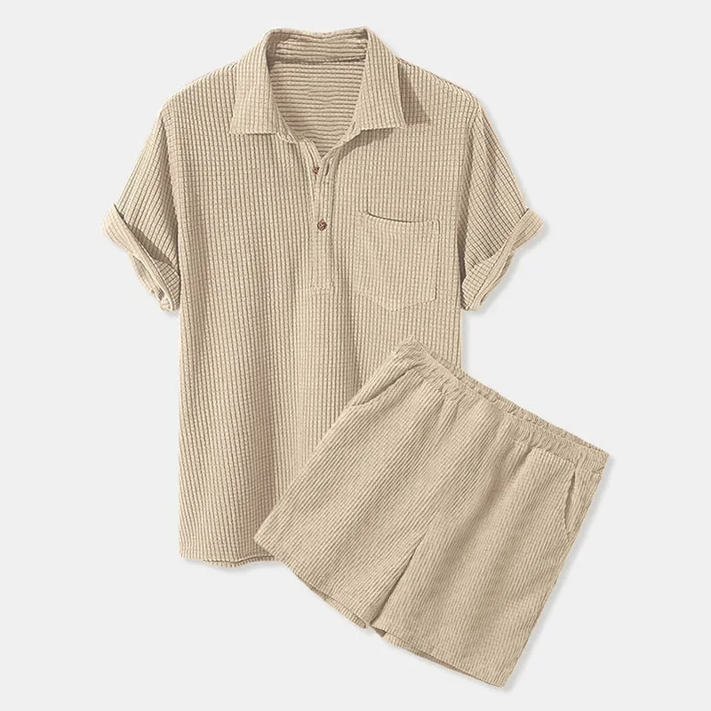 Men Sets Turn Down Collar Pullover T Shirts Two Pieces Solid Short Sleeve Tees Straight Knee Length Shorts Casual Button