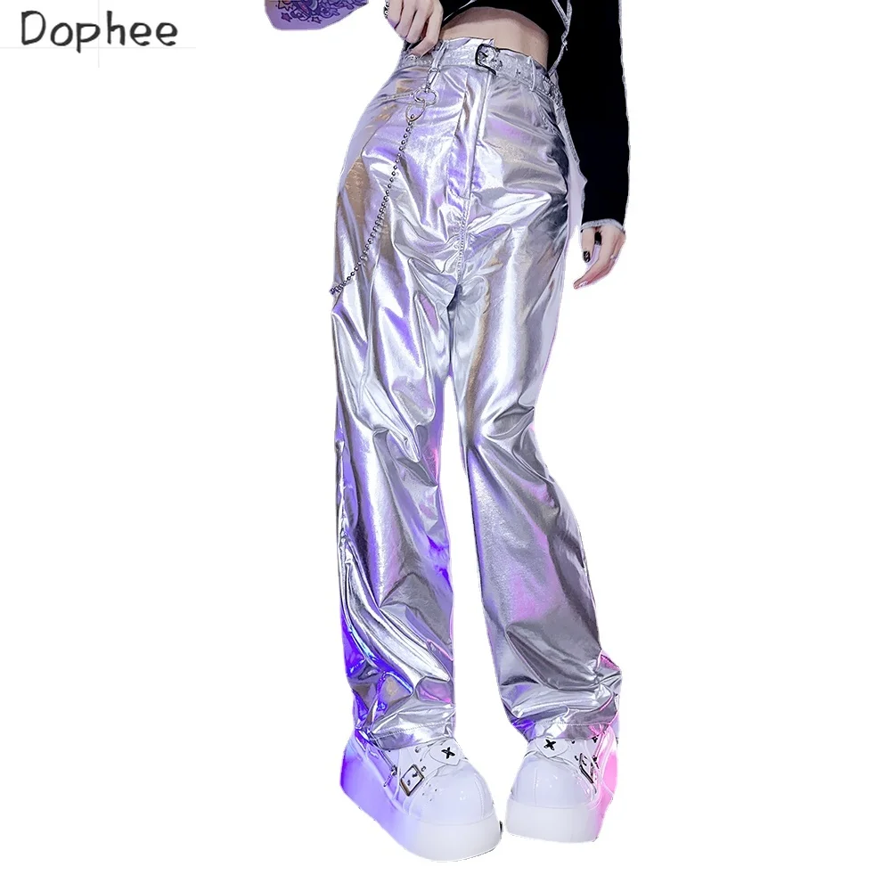 

Dophee Original American Style Costume Y2K Laser Metal Silver Disco Pants All-match Spice Girls Loose Straight Casual Trousers