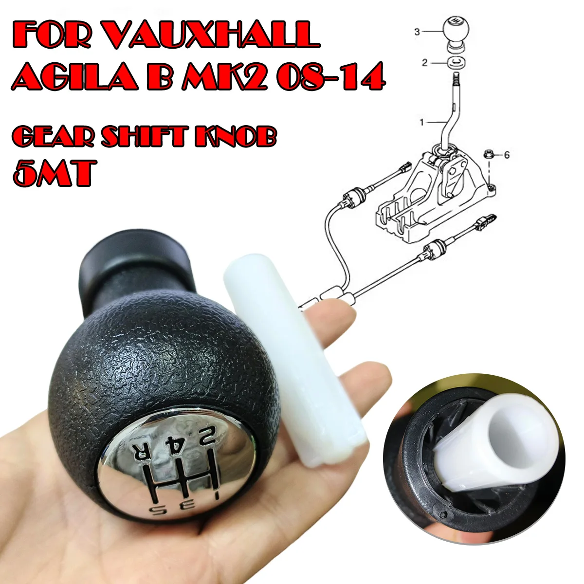 

2PC Gear Shift Knob FOR VAUXHALL AGILA B MK2 08-14 Stick Lever Pen Handle Replacement 5 Speed T Type Manual Adapter Inner Sleeve
