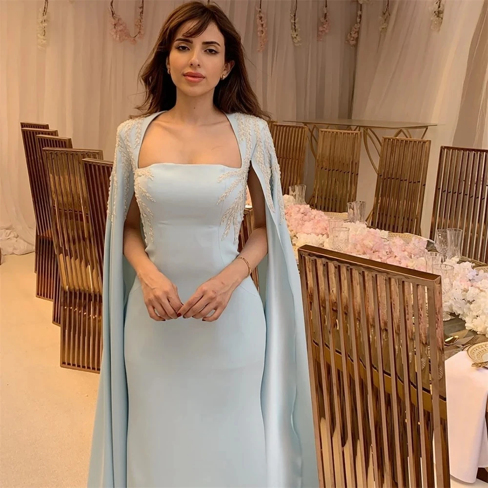 Aenyrst Elegant Light Blue Prom Dress Women Square Neck Cape Long Sleeve Party Evening Dresses Floor Length Formal Occasion Gown