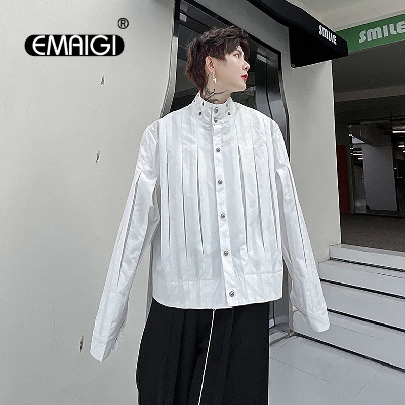 

Рубашка мужская плиссированная с заклепками, модная Повседневная блуза с воротником-стойкой, длинным рукавом, винтажная уличная одежда в японском и корейском стиле