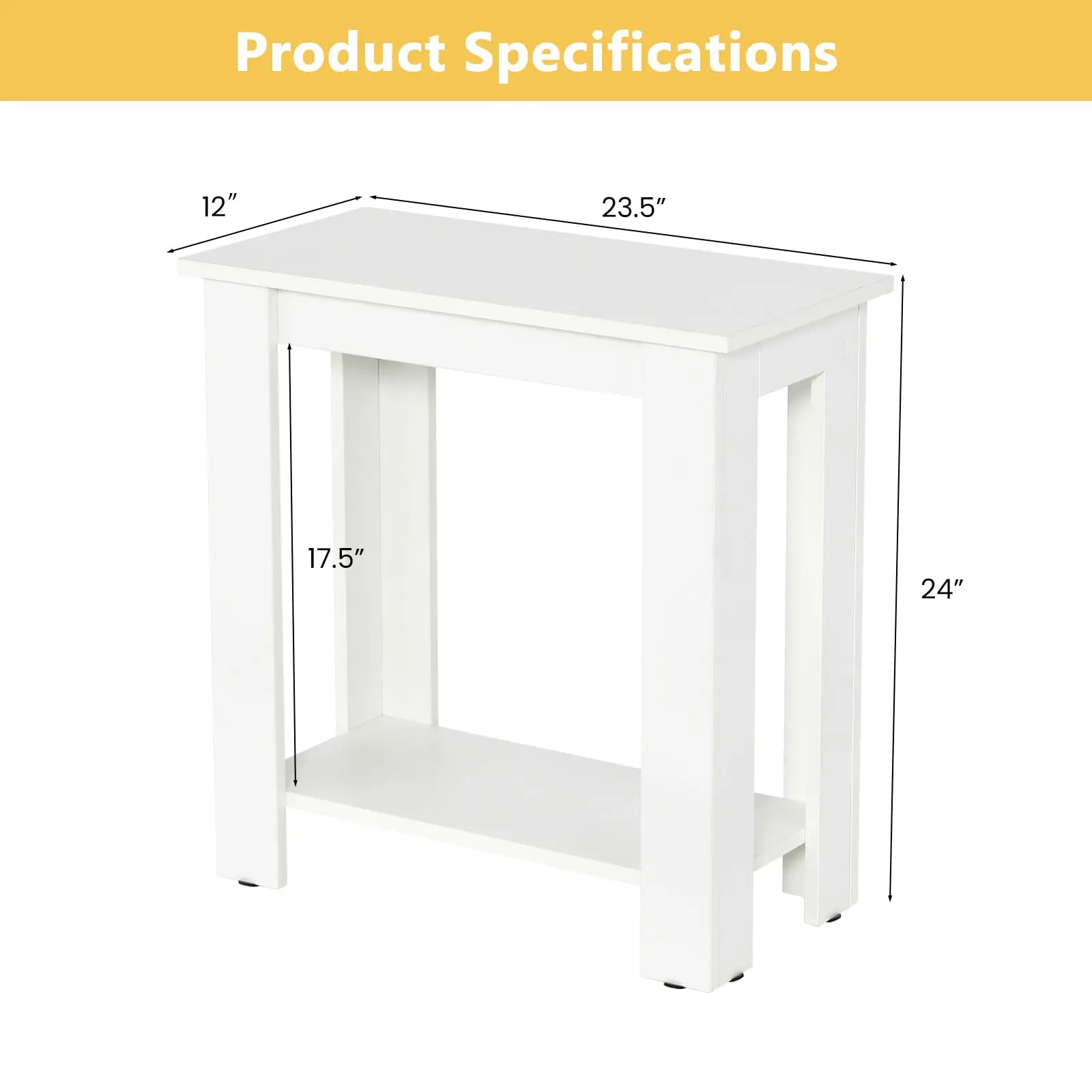 24” Side Table 2Pcs, 2-Tier Multipurpose Rectangular End Table with Storage Shelf, White