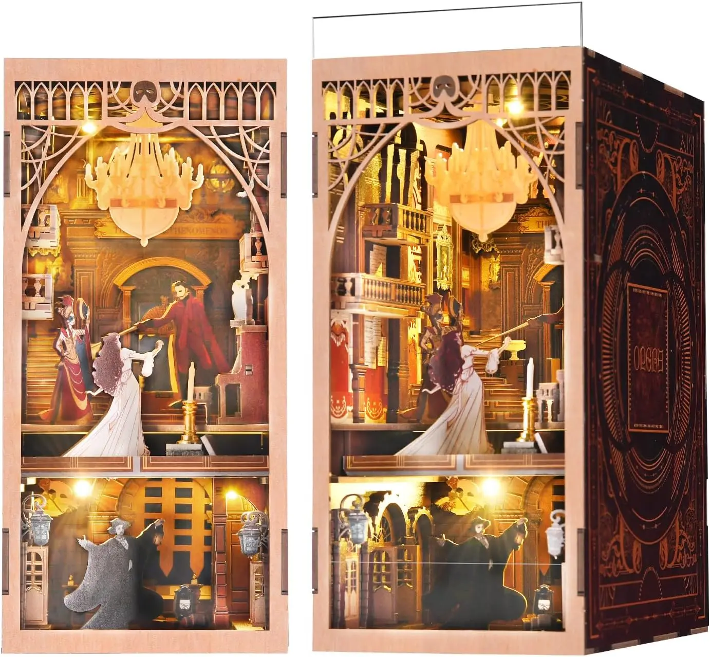 Phantom of the Opera DIY Book Nook Kit, Bookshelf Insert with LED | 7.1 x 4.3 x 9.1 in; 186 pieces, LED and dust cover; glue/too
