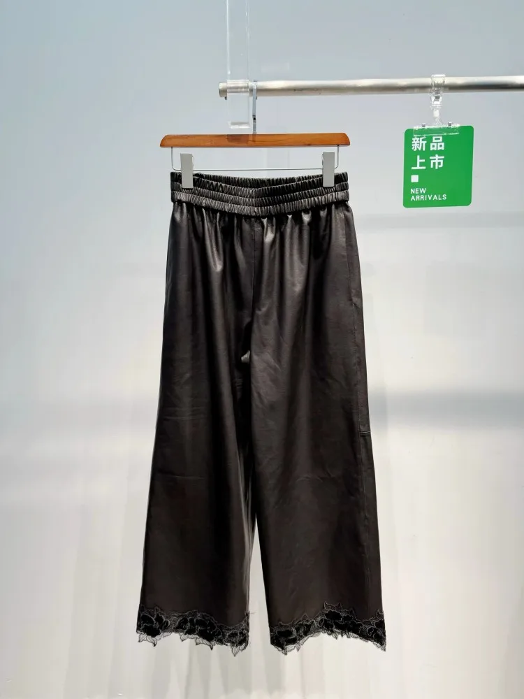 Casual Women Elastic Waist Genuine Leahter Pants Spliced Lace Loose Fit Straight Trousers Ankle Length Sheepskin Wide Leg Pants