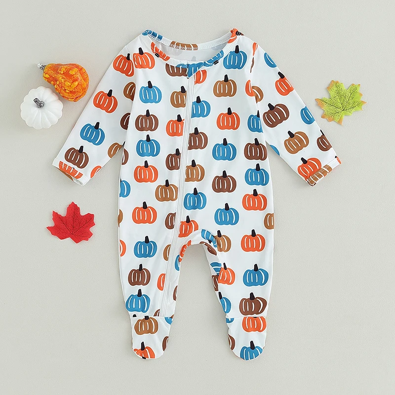 

Infant Unisex Halloween Rompers with Ghost Print and Snap Closure Crew Neck Long Sleeve Toddler Jumpsuits for Fall Festivities