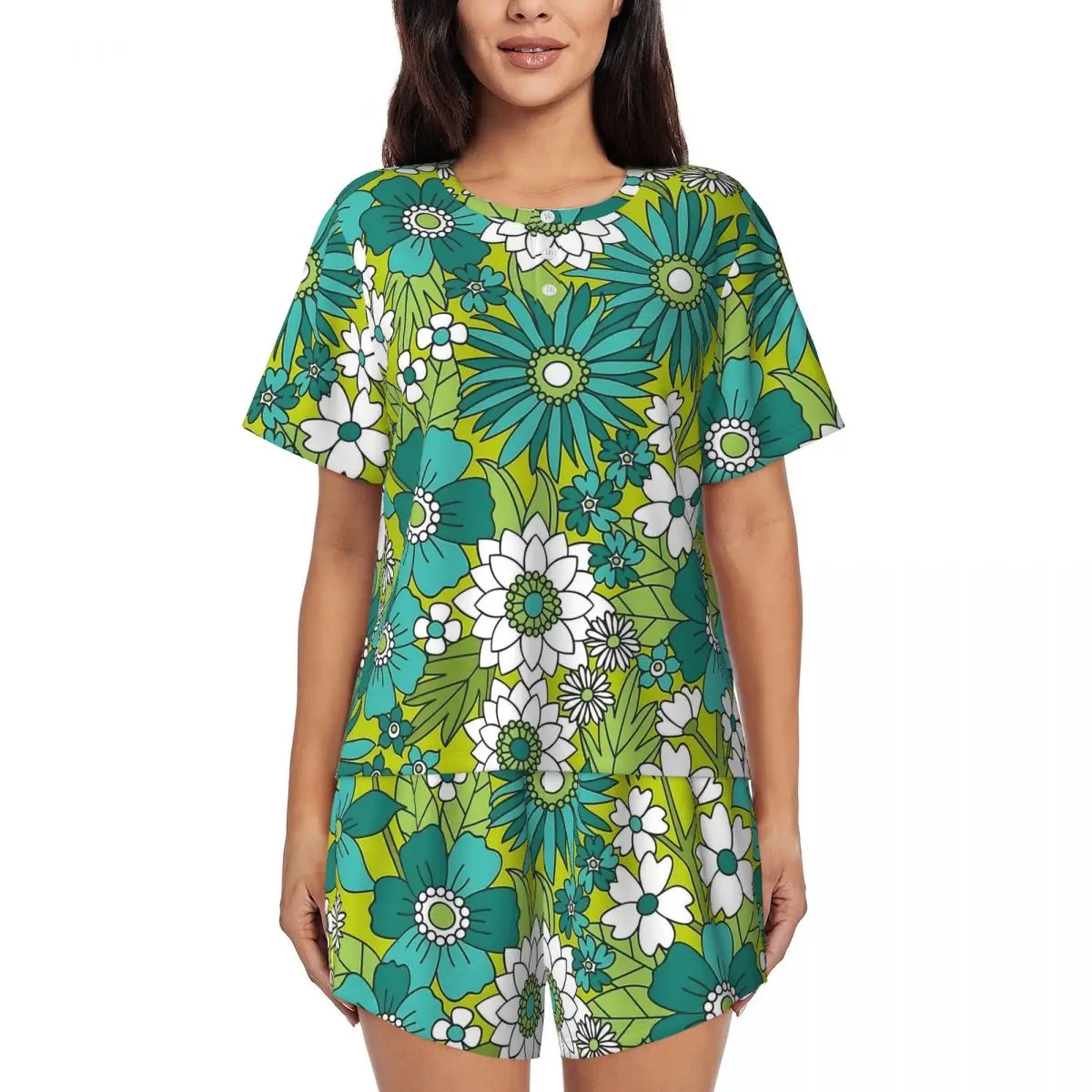 

Зеленая пижама Groovy Flower Power, женская модная ночная рубашка, летняя одежда с короткими рукавами, комплект из 2 предметов, повседневный пижамный комплект с круглым вырезом и принтом