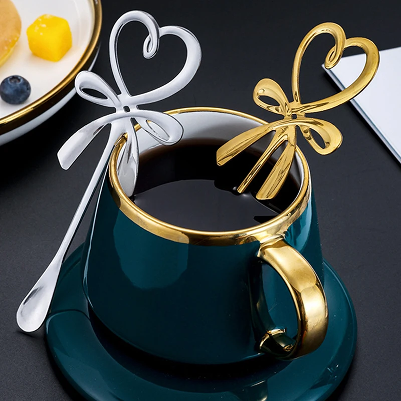 3D Bow Knot Heart Shaped Mini Coffee Spoon Tea Dessert Hanging Spoon Gold Silver Spoon Stainless Steel Flatware