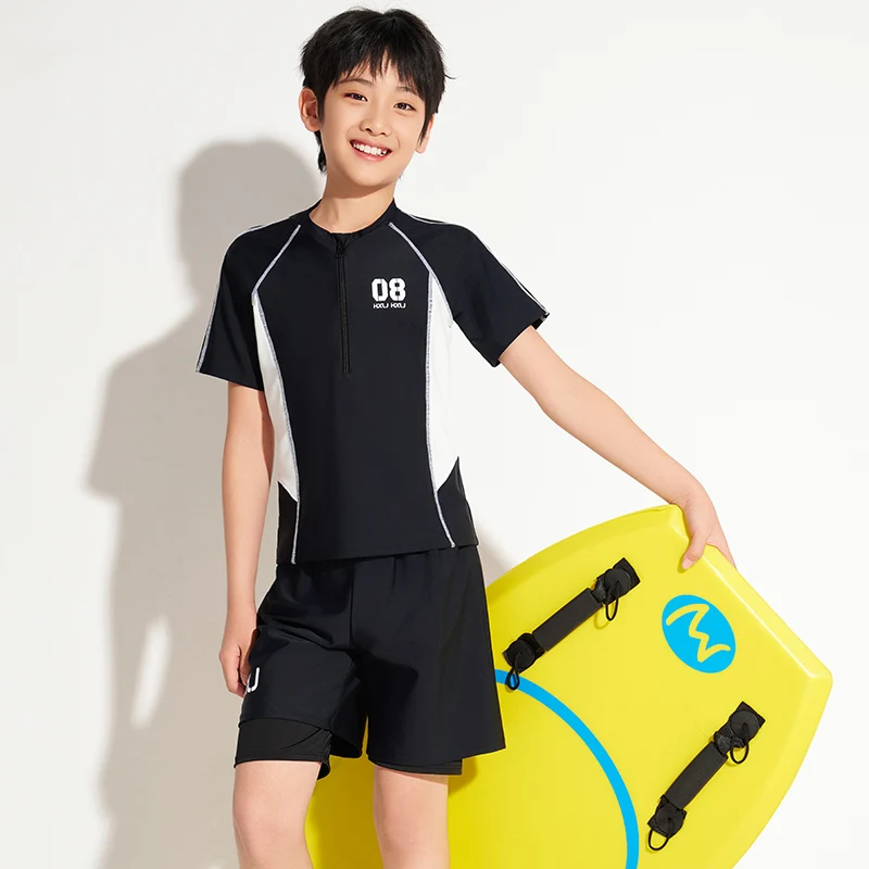 

Teenager Boy Swimwear Two Piece Short Sleeve Shorts 9-16 years Kids Front Zipper Black Solid Patchwork Quick dry Swimming Suits