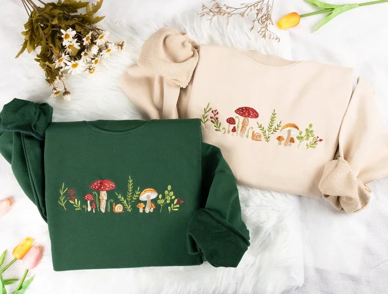 

Mushrooms Embroidered Sweatshirt Crew Neck Sweatshirt Embroidery Mushroom Oversized Fashion Aesthetic Clothing