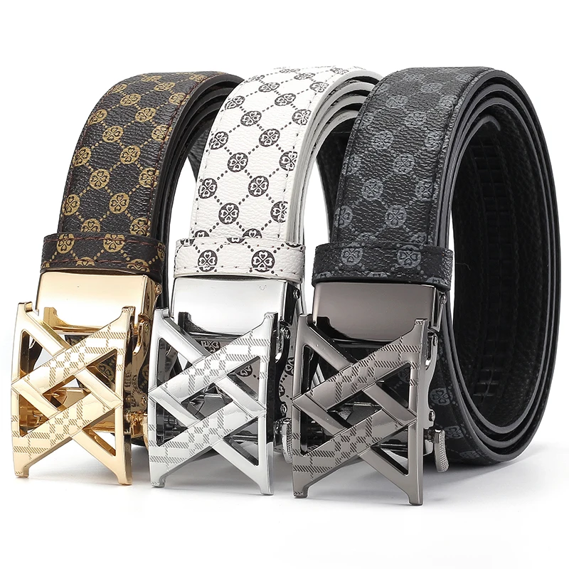 Men's Automatic Buckle Belt Hollow Geometric Buckle Ratchet Slide No-Hole Adjustable Business Casual