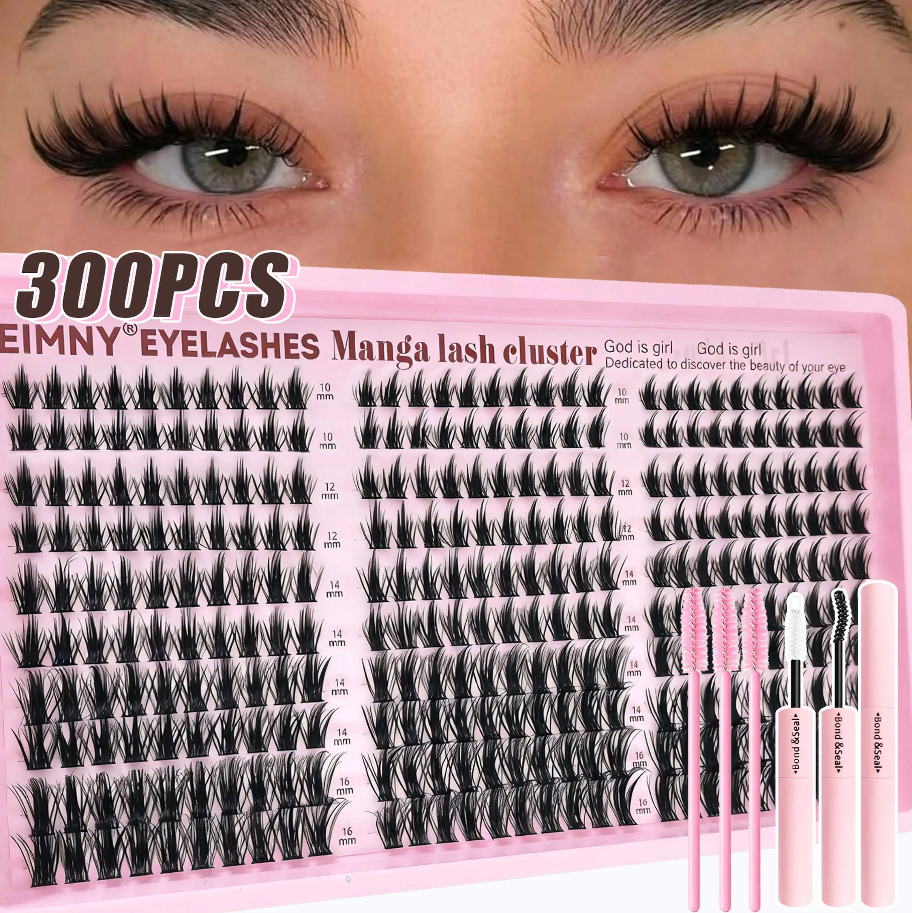 Image of EIMNY 300 Stück Wimpernverlängerungen im Little Devil-Stil, 10–16 mm, inklusive Kleber, Pinzette, Wattestäbchen, Manga-Wimpern, natürlich, voluminös
