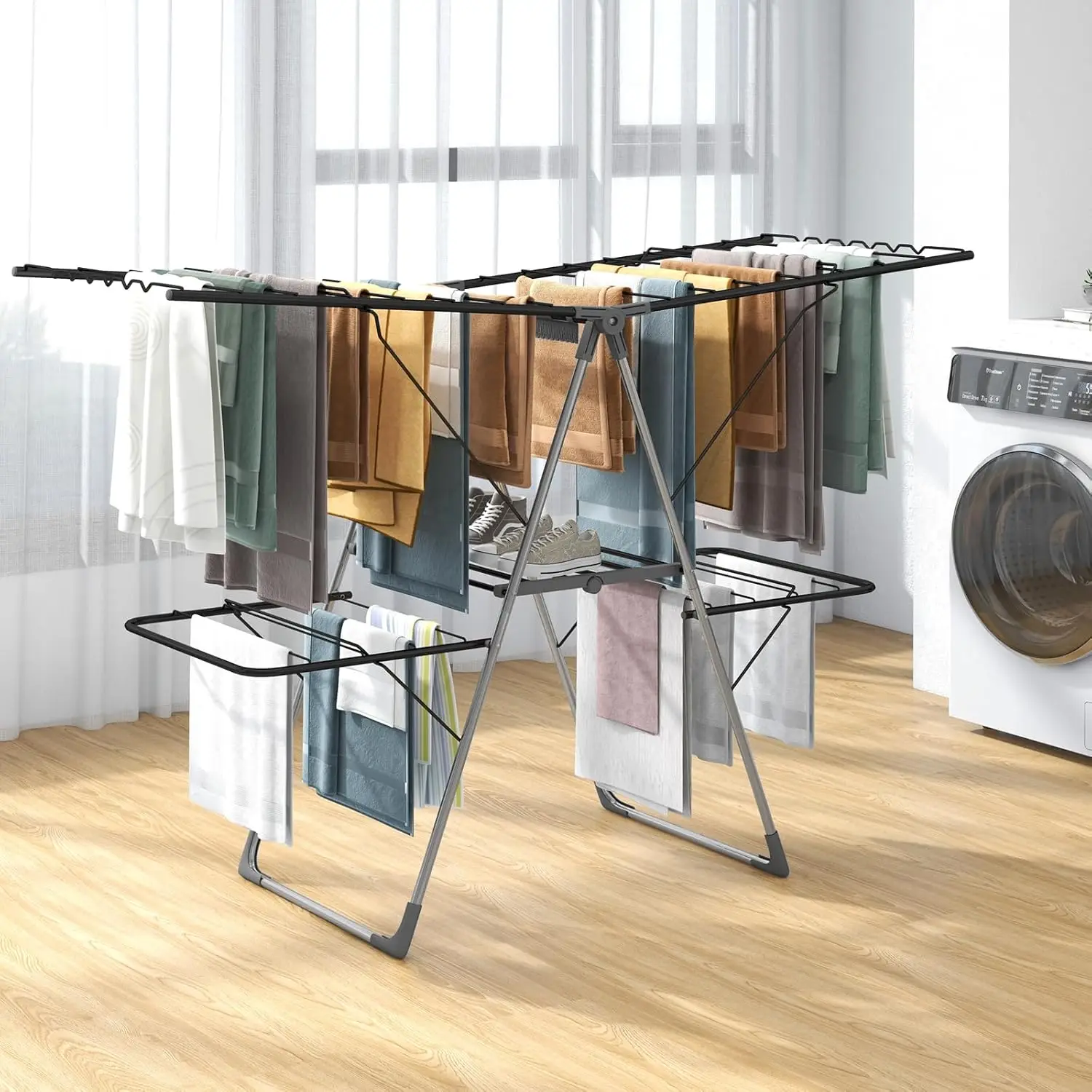 Laundry Drying Rack, Foldable Clothes Drying Rack with Height Adjustable Wings, 33 Drying Rails & Sock Clips, Freestanding Gullw