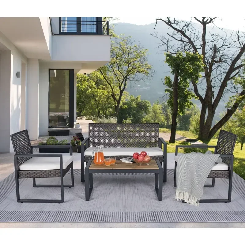 &Modern Steel Wood Outdoor Furniture Set 4 Piece Patio Garden Balcony Durable Sofa Table Chairs Backyard