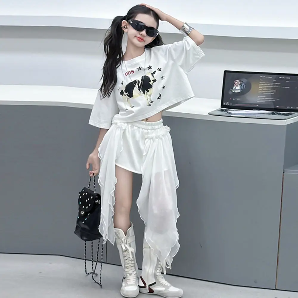 Girls Clothing Sets Kids Fashion Jazz Hip Hop Cartoon Top+Asymmetric Skirt Two Pieces Suits For Child Summer Streetwear Outfits