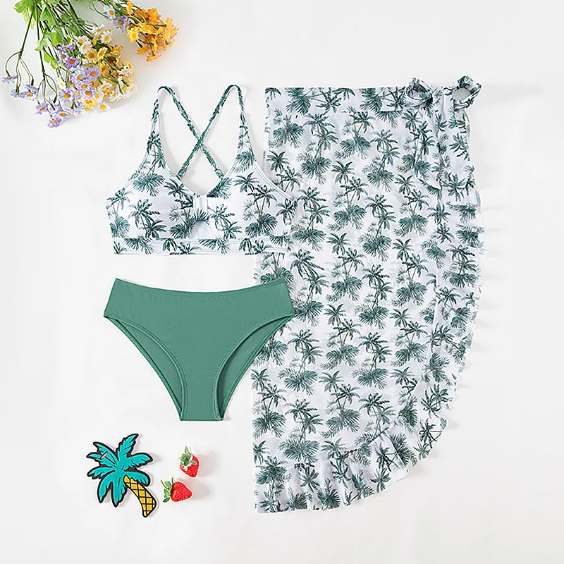 Girls Two Piece Swimsuit with Skirt Set Fresh Tropical Print High Elasticity Quick Dry Swimwear for Kids Girls