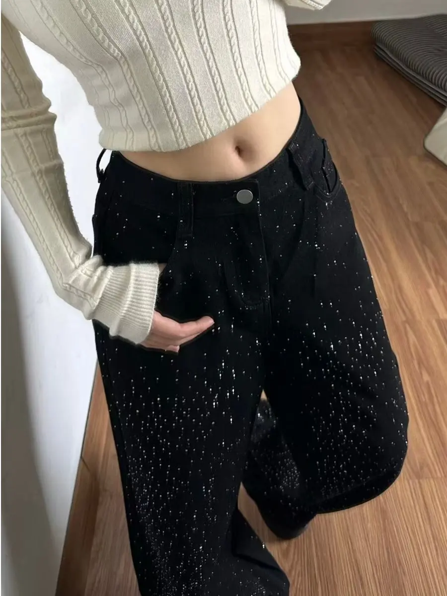 

Shiny Rhinestone Jeans Pants Sexy Women High Waist Elegant Night Club Diamonds Denim Straight Trousers