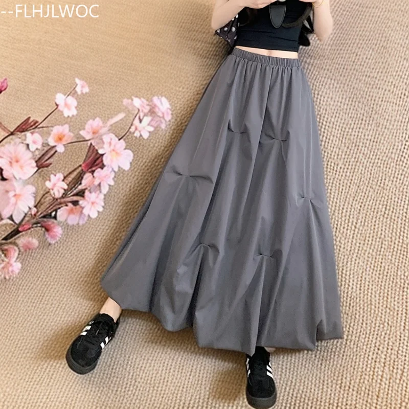 Pleated Midi Skirts New Design Fashion Woman Y2K FLHJLWOC All-Match Outfits Girls High Elastic Waist Gray Black White Long Skirt
