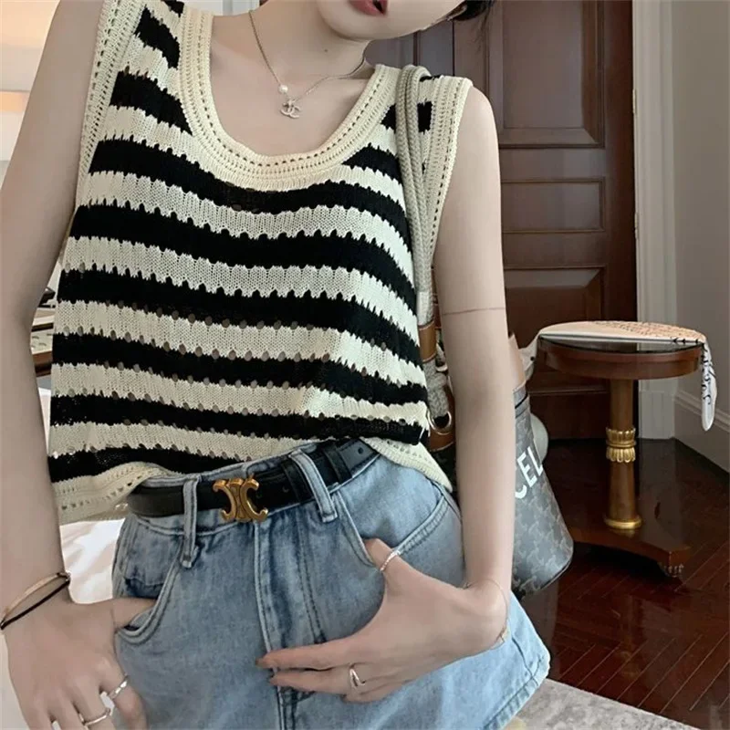 Knitwear Summer Striped Openwork Ice Silk Ladies T-shirt Short Sleeve Retro Spice Girl Loose Slim Short Blouse Women's Dress