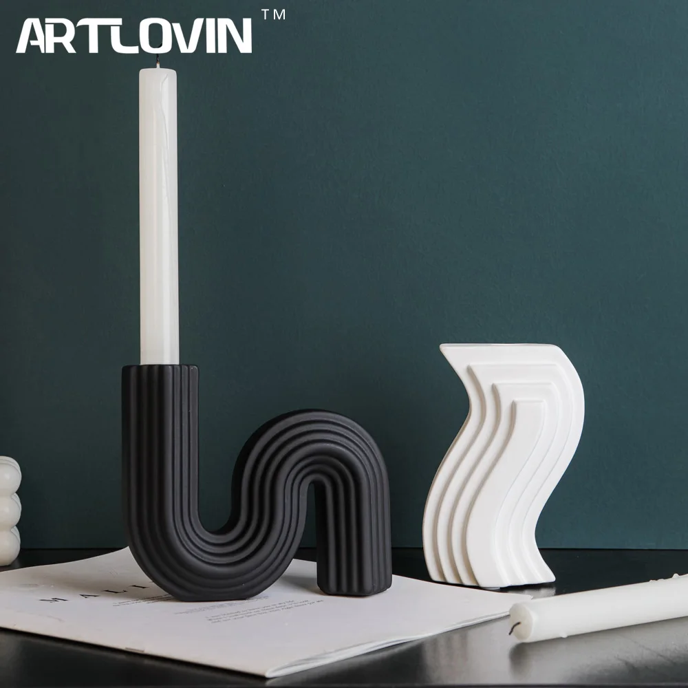 

Euro Architectural Style Ceramic Candlestick Holder,Candle Holders Home Decor, White Black Artistic Shape Tabletop Candle Stand