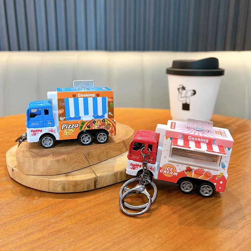 New cartoon cute simulation alloy delicious fast food truck toy model keychain pizza burger dining car bag pendant creative toy