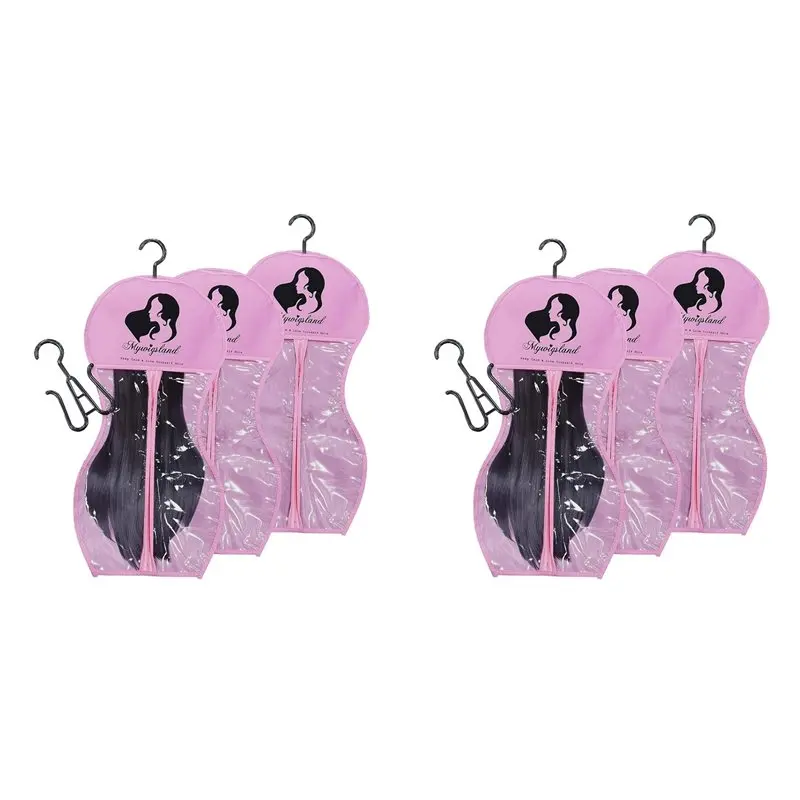 أكياس تخزين شعر مستعار A01F مع شماعة، شماعة شعر مستعار لشعر مستعار متعدد، أكياس تخزين شعر مستعار، حقيبة تخزين شعر مستعار على شكل ساعة رملية 6 قطع وردي #1