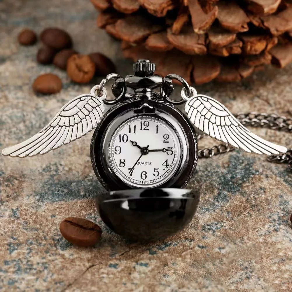 10pcs/lot Pocket Watch Steampunk Bronze Ball Shape Full Hunter Bronze Copper Wing Modern Web Pattern Womens Kids Necklace Chain