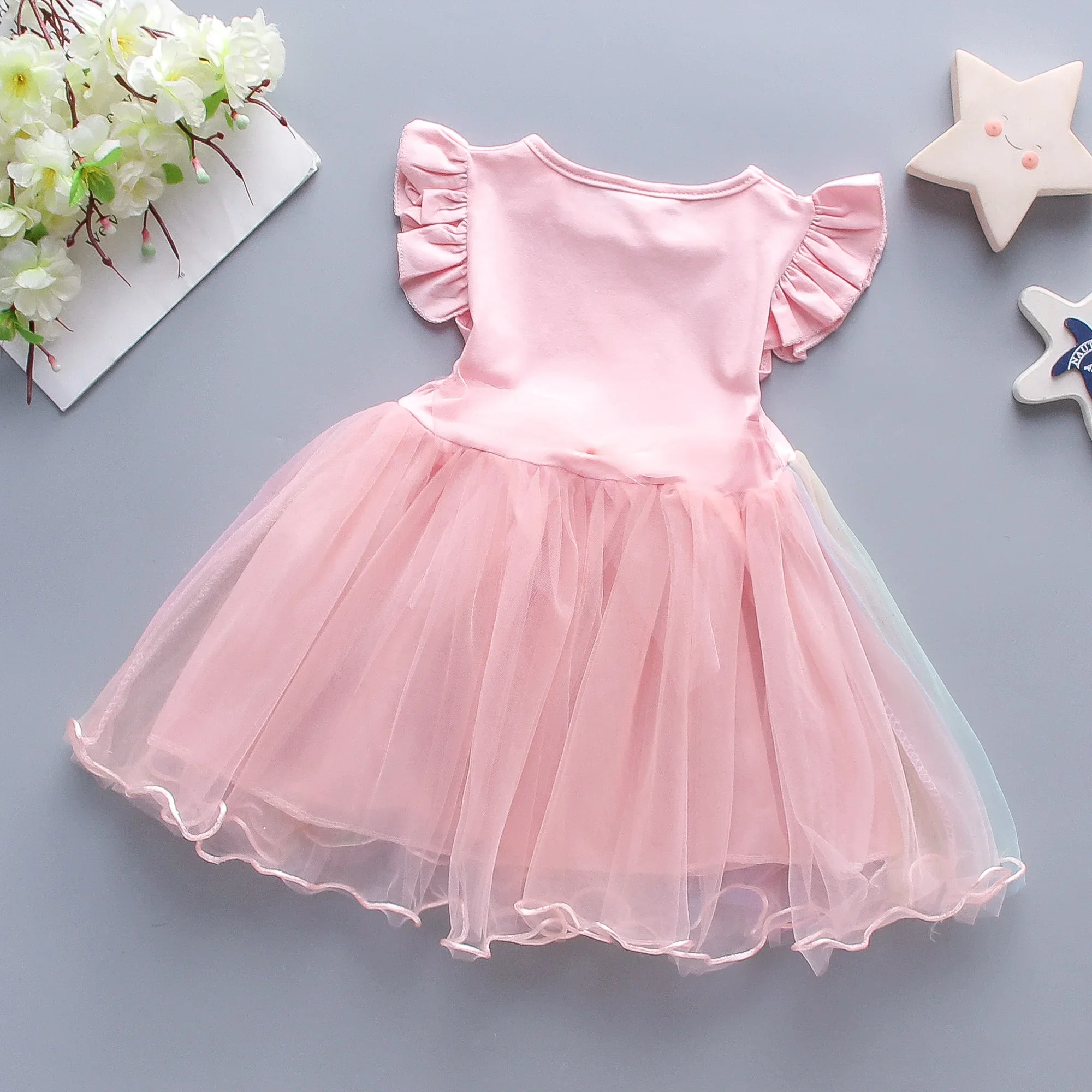 Summer Girls' Dress Children's Wear New Cartoon Cloud Little Horse Rainbow Gradient Mesh Sleeveless Children's Dress