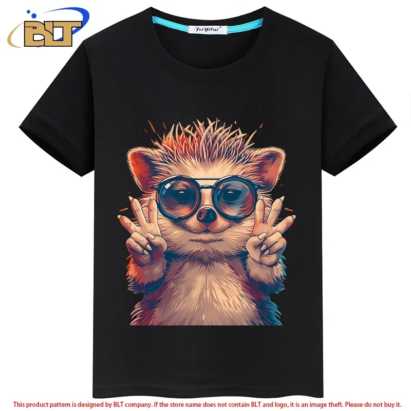 Hedgehogs printed children's clothing summer children's short-sleeved black T-shirt casual tops for boys and girls