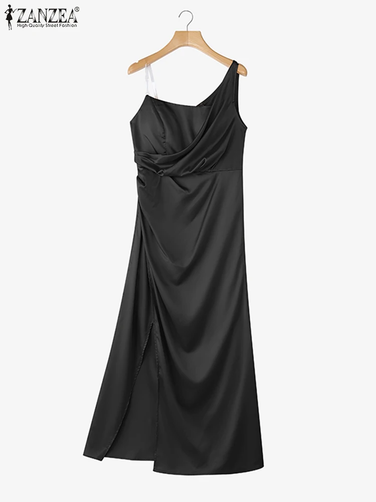 ZANZEA Evening Party Dress 2025 Summer Satin Silk Split Elegant High Waist Sundress Spaghetti Strap Vestidos Loose Sexy Robe