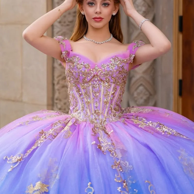 

Платья для церемонии Quinceanera с градиентной окраской, открытыми плечами, золотыми кристаллами и длинным шлейфом, Vestido De 15 Quinceanera, на заказ