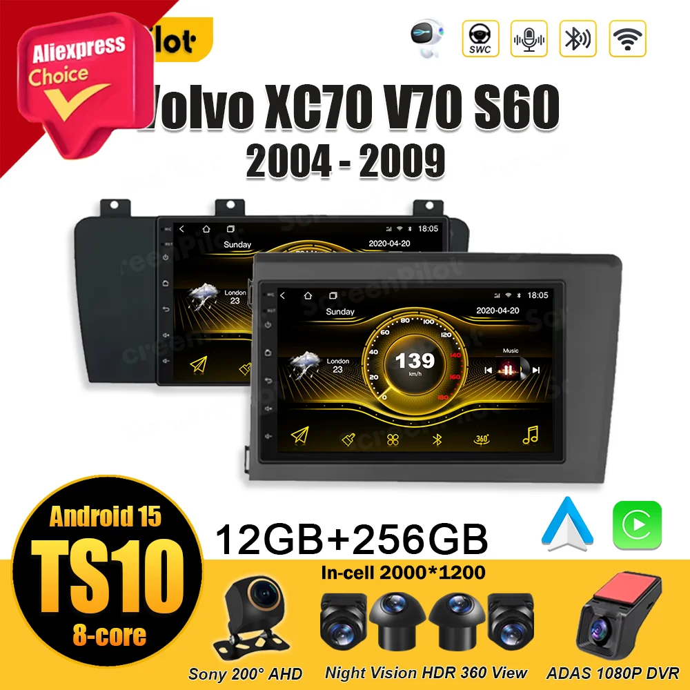 For Volvo XC70 V70 S60 2004 2005 - 2009 Mirror Link GPS Navigation Multimedia  Android 15 Video Player Stereo Head Unit 8 Core