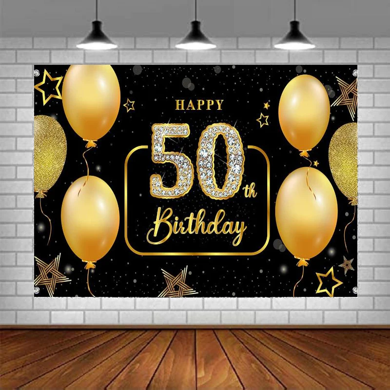 

Photography Backdrop Happy 50th Birthday Banner Decorations For Men Women Black And Gold Balloons Background Poster