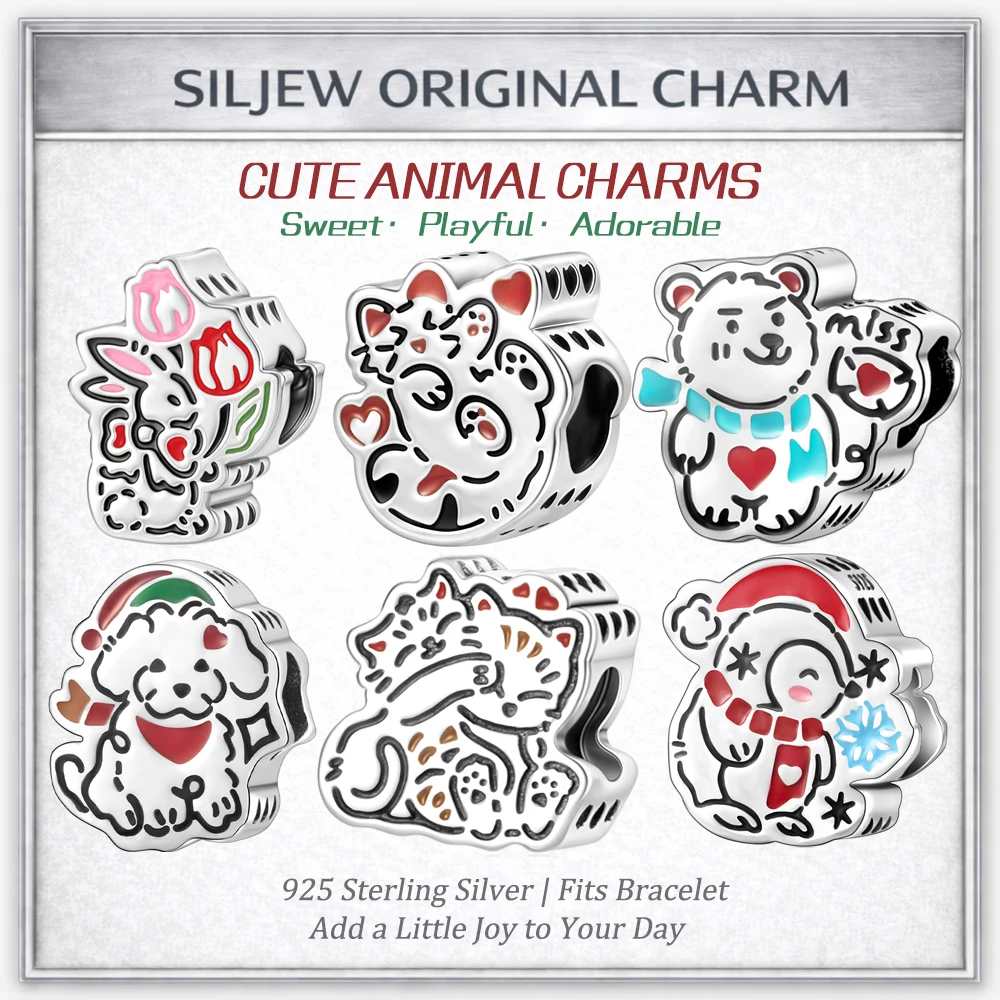 

SilJew Cartoon Cute Animal Charm Beads 925 Silver Enamel Dog Cat Bear Rabbit Snowman Fit Bracelet DIY Jewelry Gift for Women