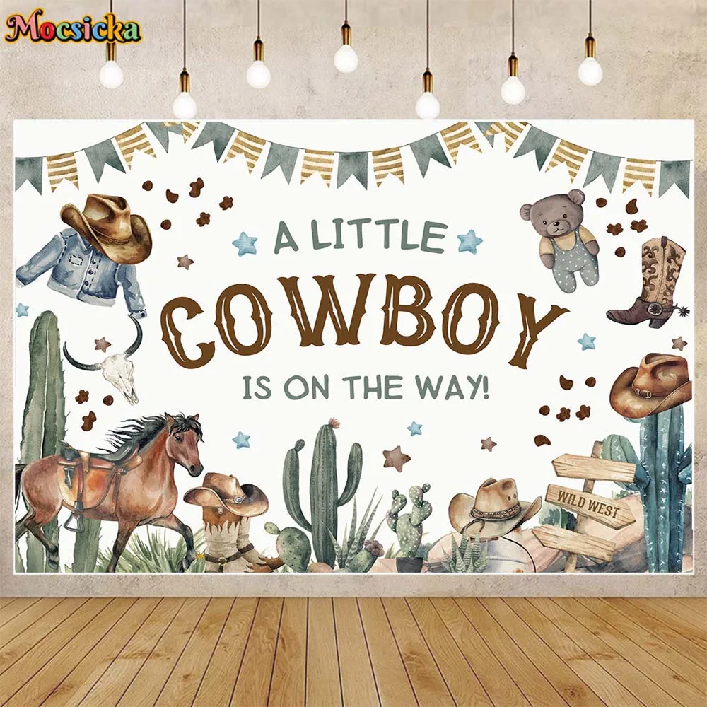 

Mocsicka A Little Cowboy Is On The Way Photo Background Wild West Cactus Baby Shower Backdrop Boy Welcome Party Decoration Props