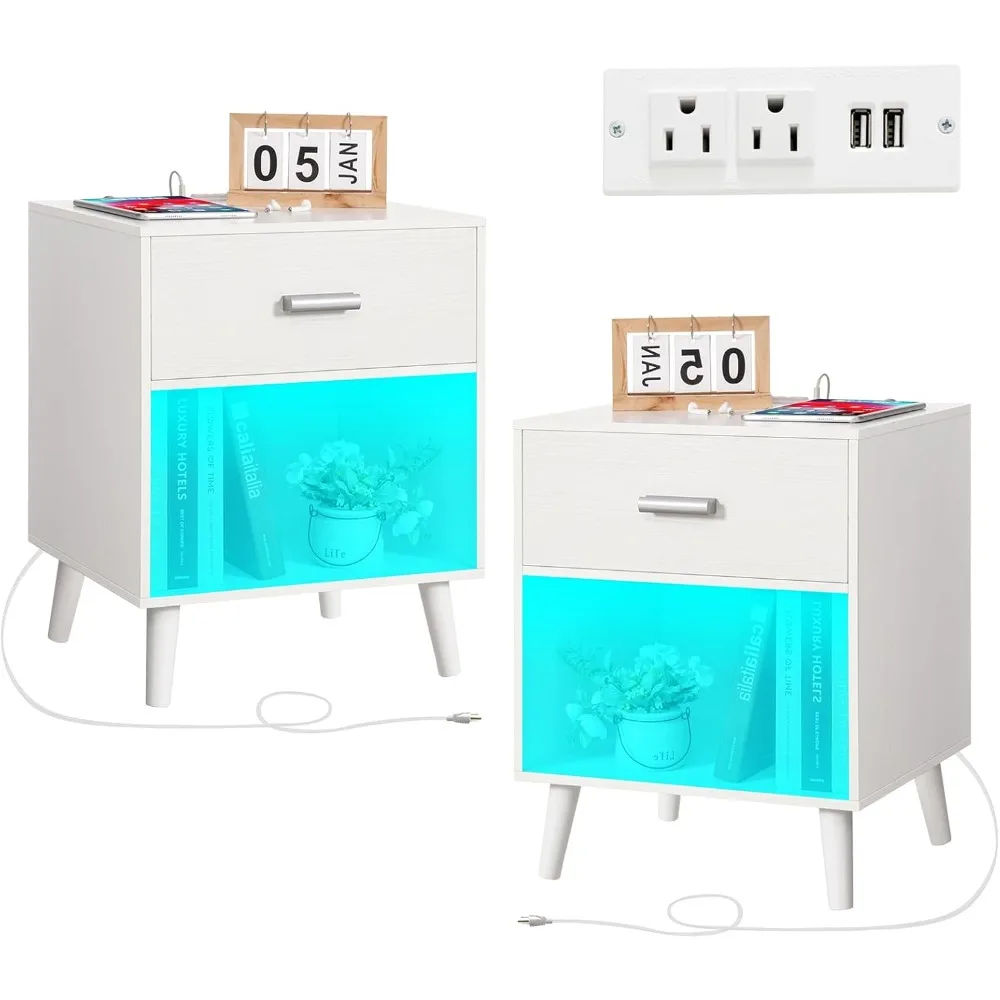 

Nightstands Set of 2, Night Stand with Charging Station and LED Light, End Side Table with 1 Drawer, Modern Nightstand