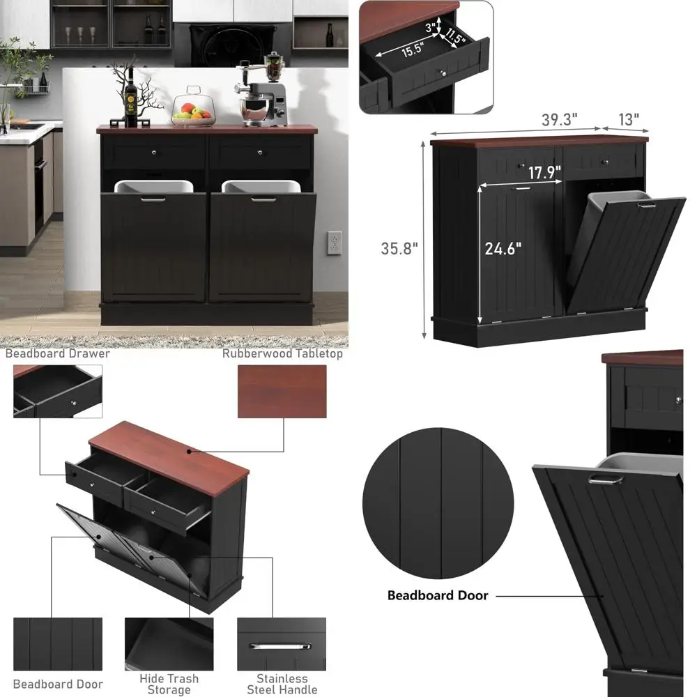 

Antique-Style Beadboard Kitchen Island with Solid Wood Top, Drawer, and Pet-Resistant Tilt-Out Trash Cabinet
