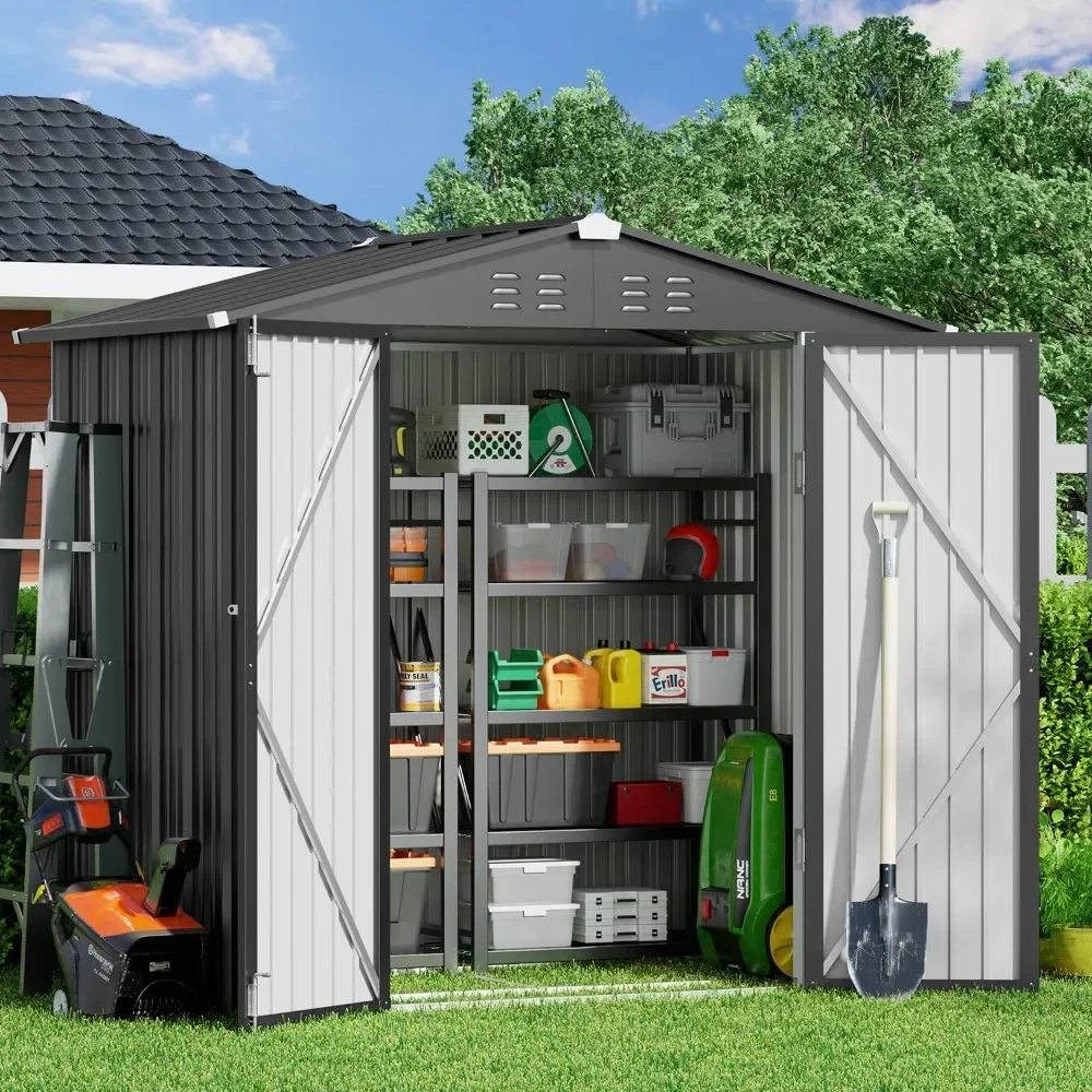 Outdoor Storage Shed with Metal Underframe with Double Lock Door, Lawn Outdoor Storage Gap,6 X 4 FT Galvanized Metal Garden Shed