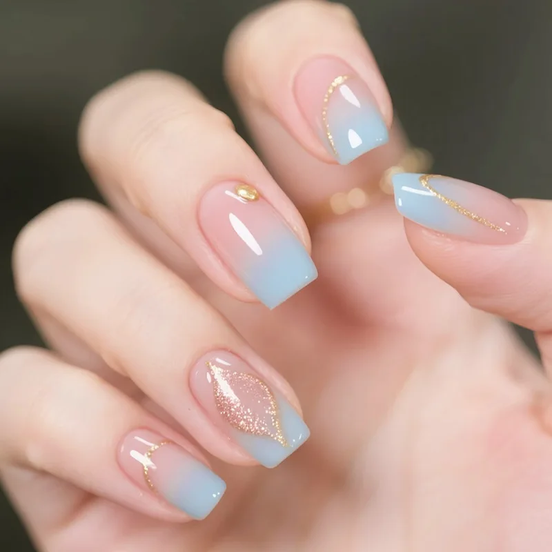 

24 Pcs Nails Press Ons Short Medium Blue Gradient Decorations for Nail Tips Fashion Sweet Square False Short Nails To Stick 2025