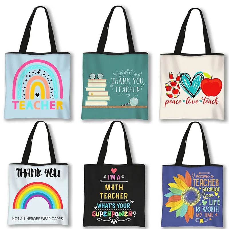 Teacher Day Print Women Handbag Peace Love Teach Rainbow Pattern Shoulder Bag Travel Totes Bag Large Capacity Shopping Bags Gift