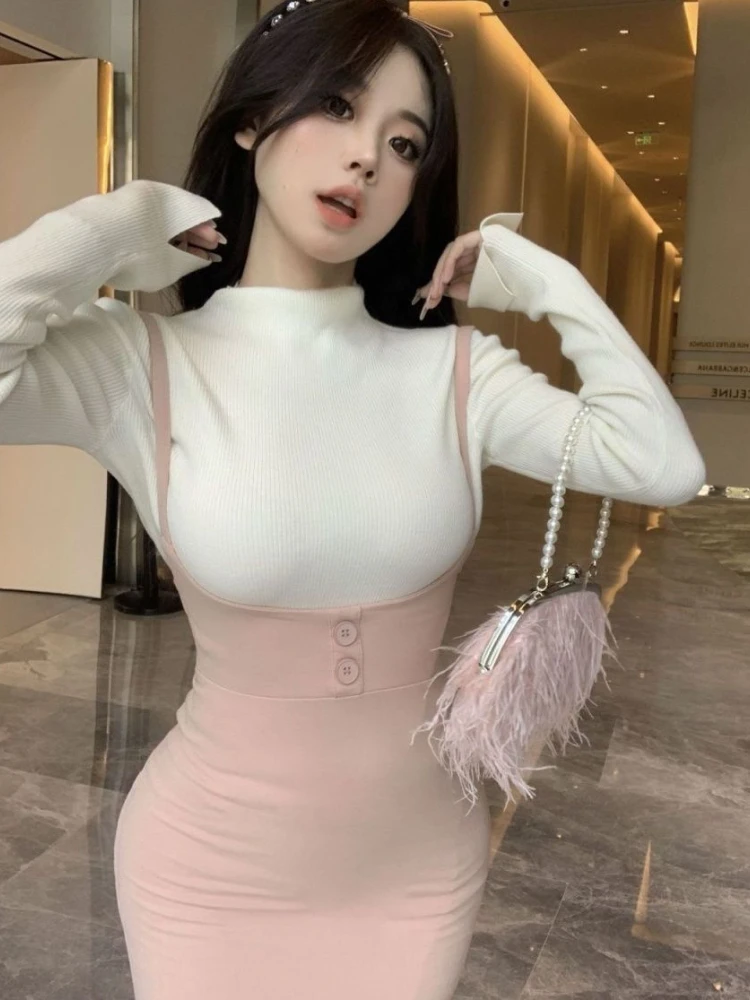 Women Sets Trumpet Midi Hotsweet Dress Long Sleeve T-shirts Elegant Female Casual Spring All-match Party Aesthetic Vintage New