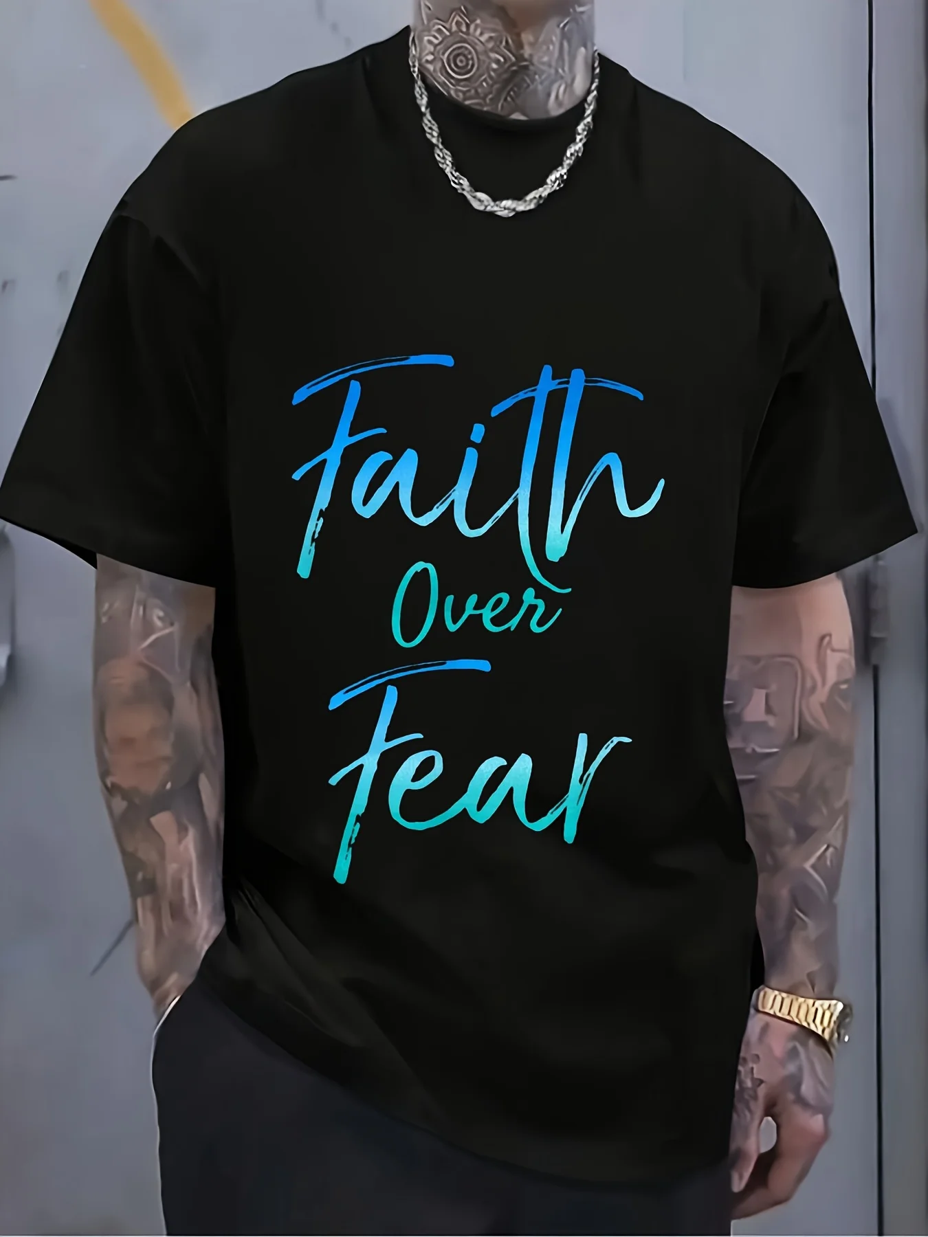 Faith Over Fear T-Shirt Vintage Inspirational Bold Christian T-Shirt Retro Casual Crew Neck Printed T-Shirt, Plus Size
