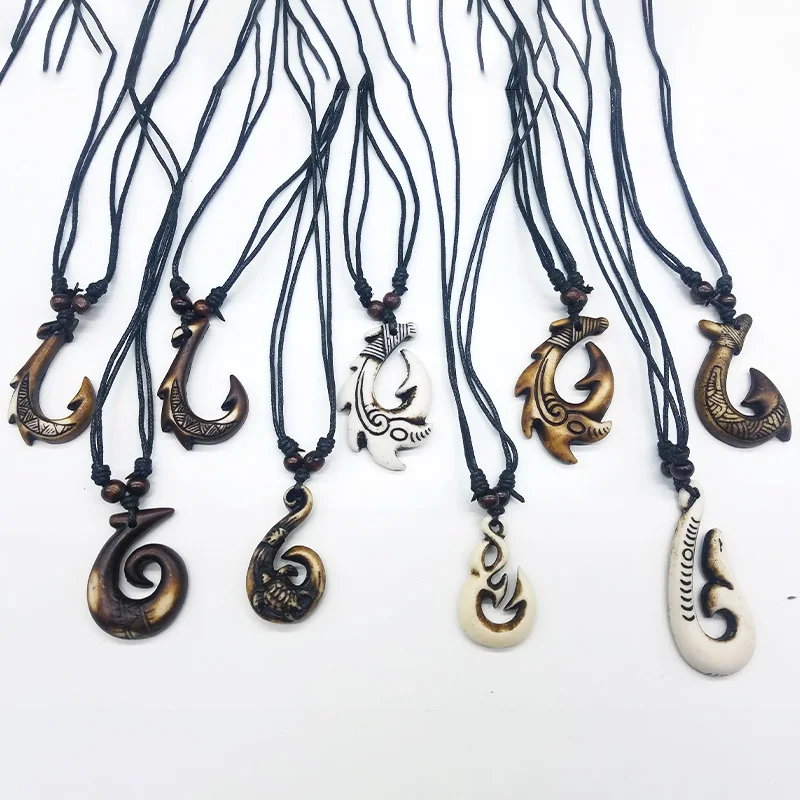 Wholesale 12PCS Hawaiian Hand-carved Maori Fish Hook Pendant Necklace Sailing Necklace Ward Off Evil Nautical Charm